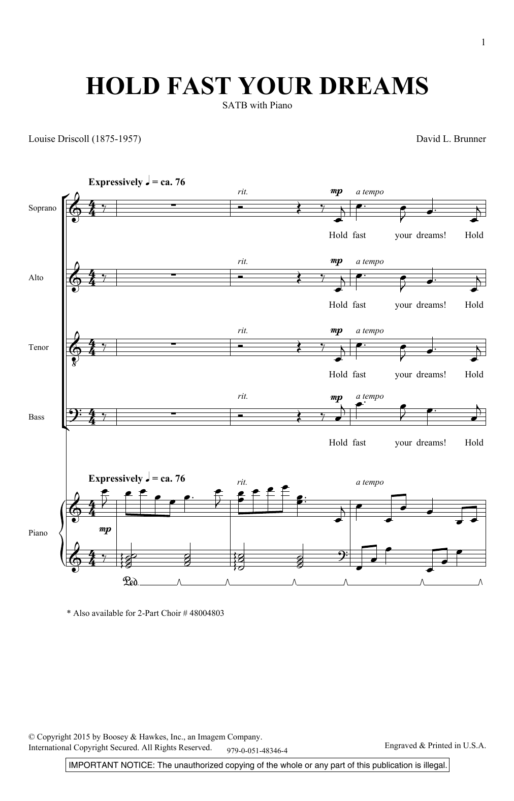 David Brunner Hold Fast Your Dreams sheet music notes and chords arranged for SATB Choir