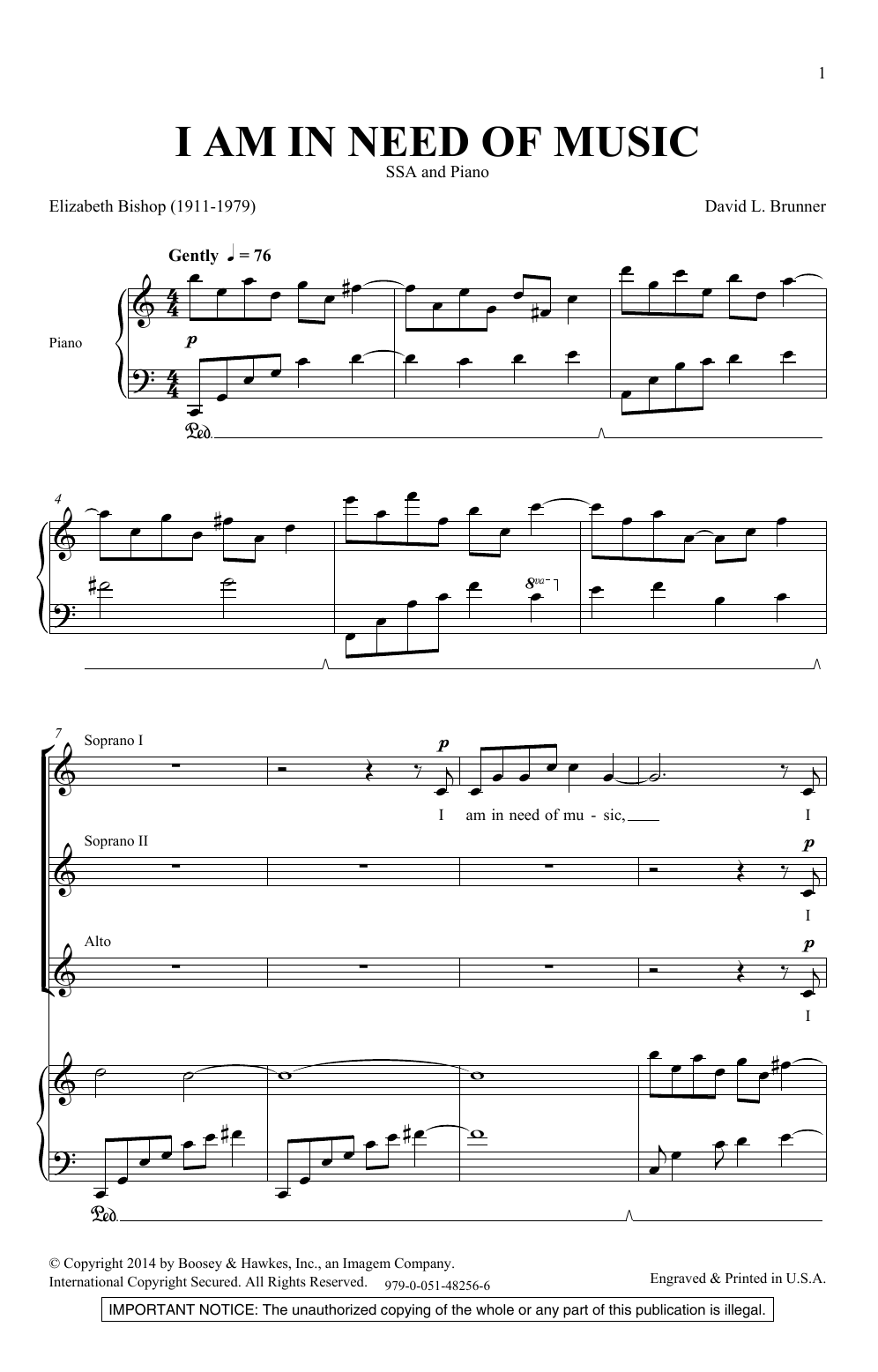David Brunner I Am In Need Of Music sheet music notes and chords arranged for SSA Choir