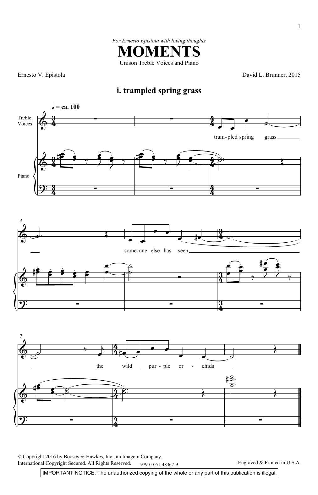 David Brunner Moments sheet music notes and chords arranged for Unison Choir