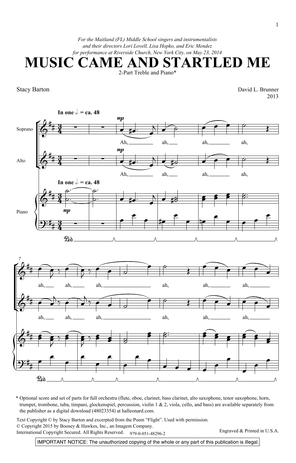 David Brunner Music Came And Startled Me sheet music notes and chords arranged for 2-Part Choir