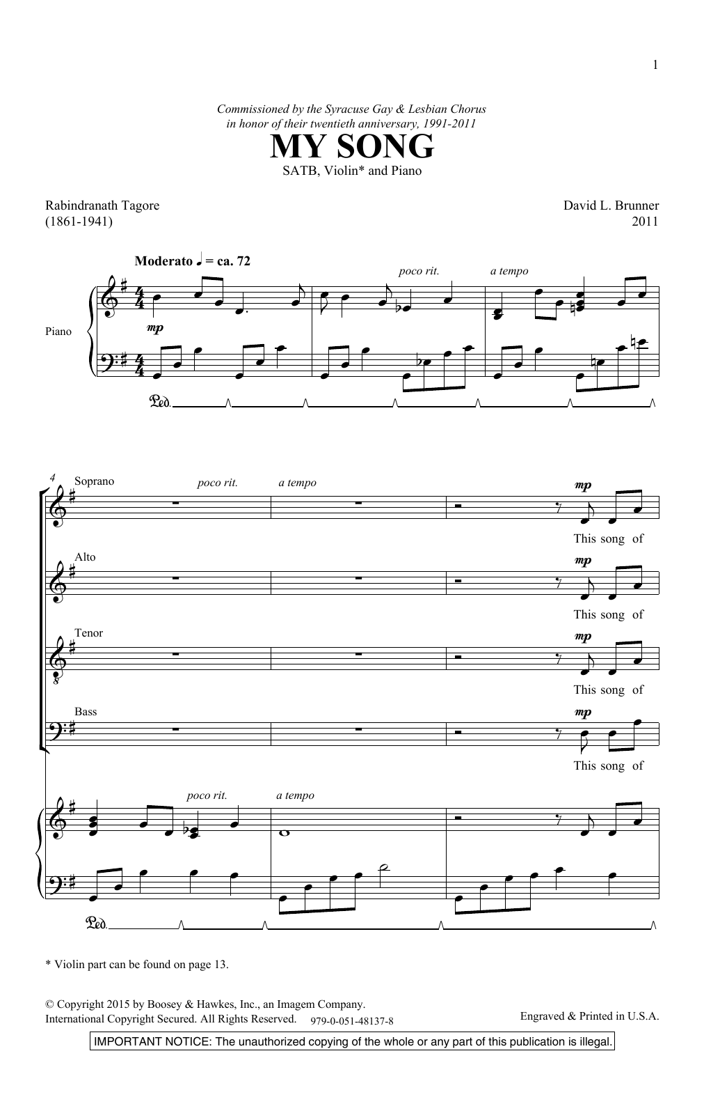 David Brunner My Song sheet music notes and chords arranged for SATB Choir