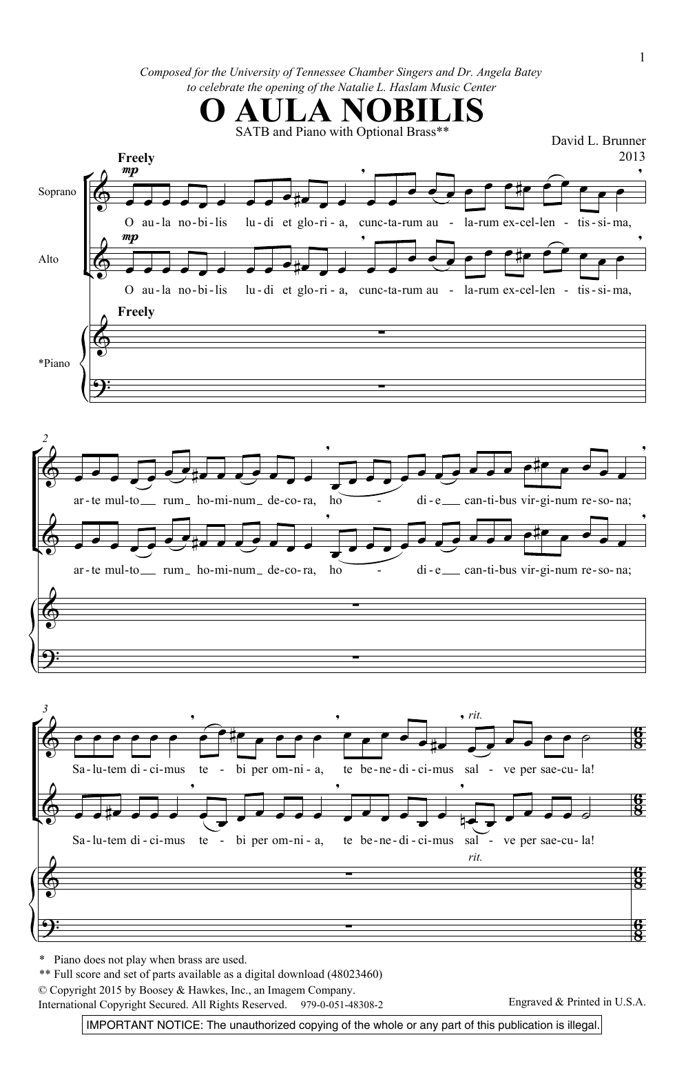 David Brunner O Aula Nobilis sheet music notes and chords arranged for SATB Choir