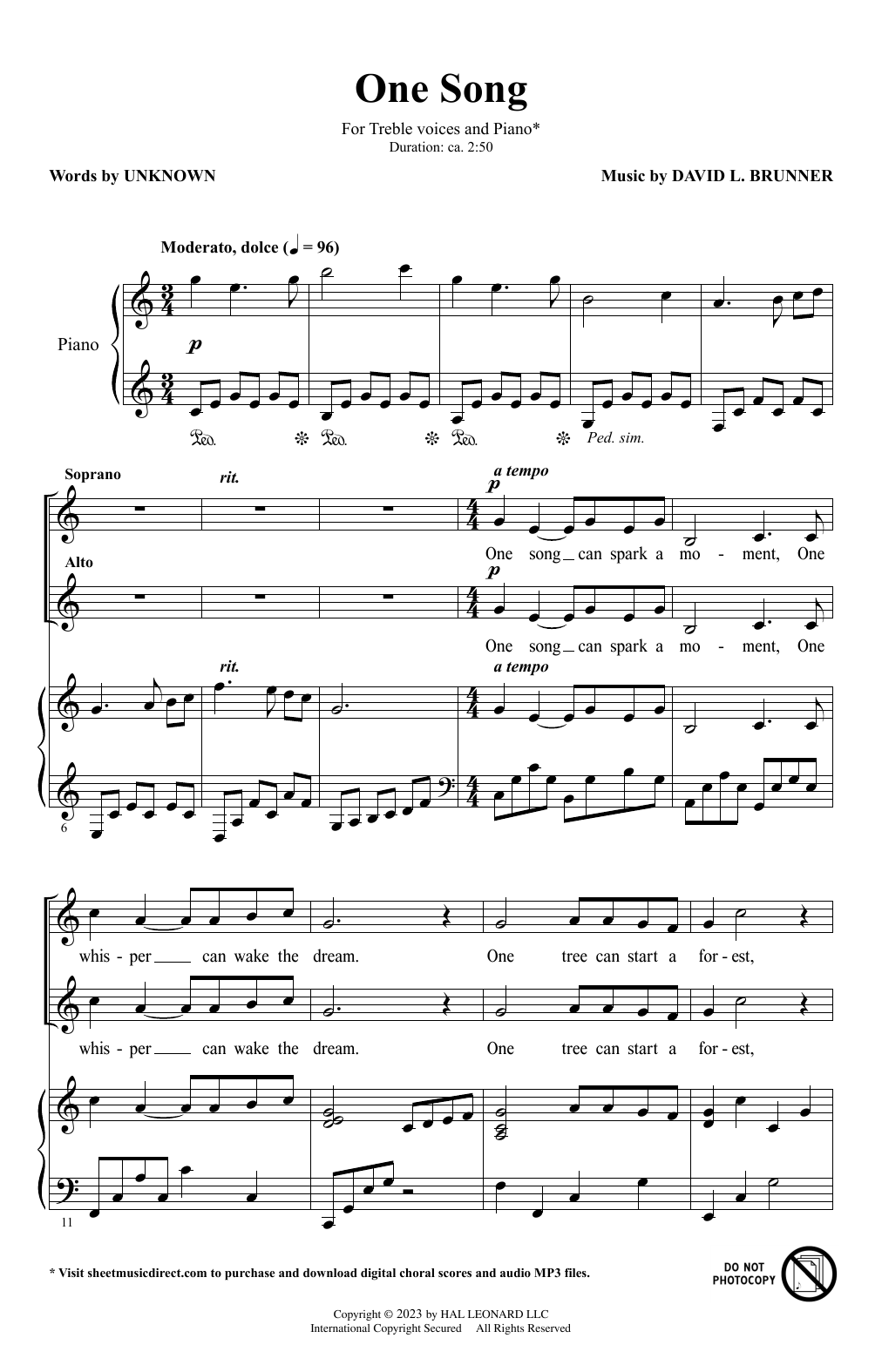 David Brunner One Song sheet music notes and chords arranged for Choir