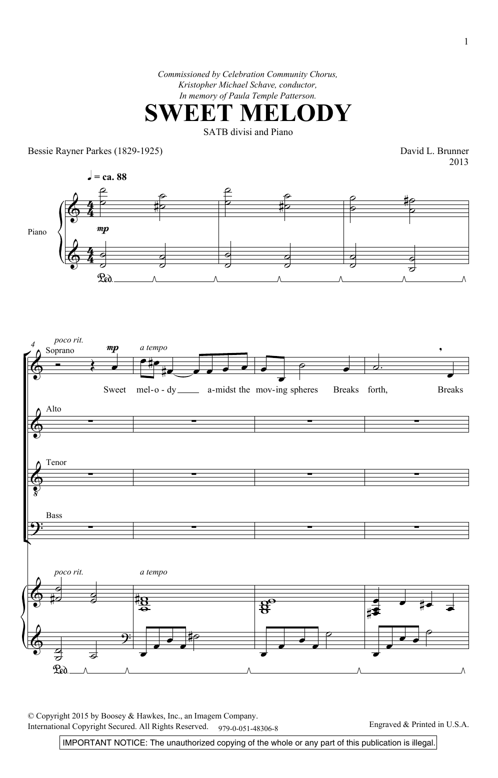 David Brunner Sweet Melody sheet music notes and chords arranged for SATB Choir