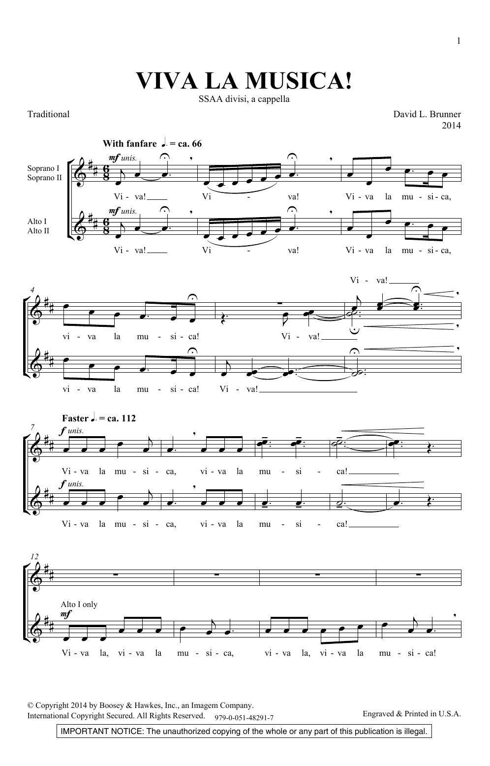 David Brunner Viva La Musica sheet music notes and chords arranged for SSA Choir