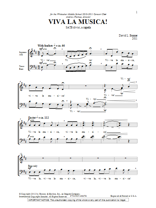 David Brunner Viva La Musica! sheet music notes and chords arranged for SATB Choir