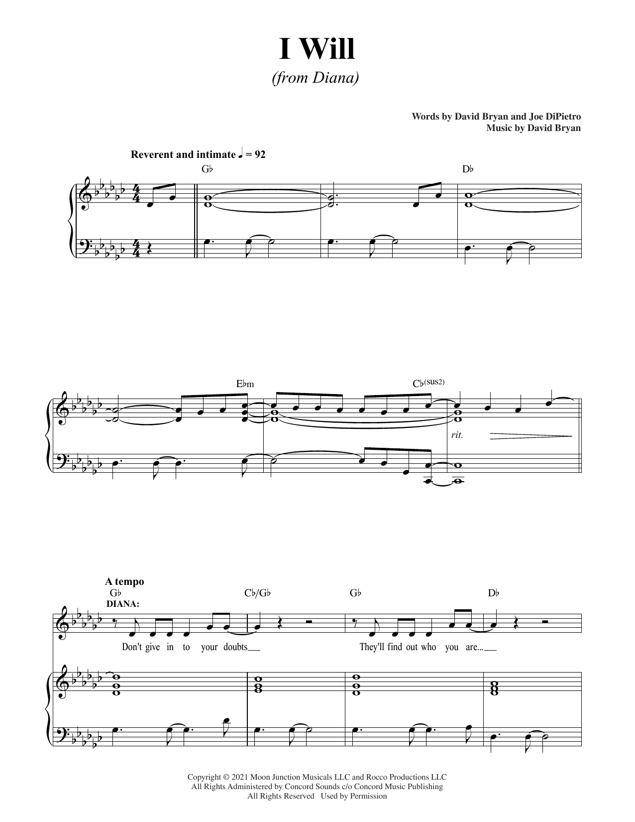 David Bryan & Joe DiPietro I Will (from Diana) sheet music notes and chords arranged for Piano & Vocal