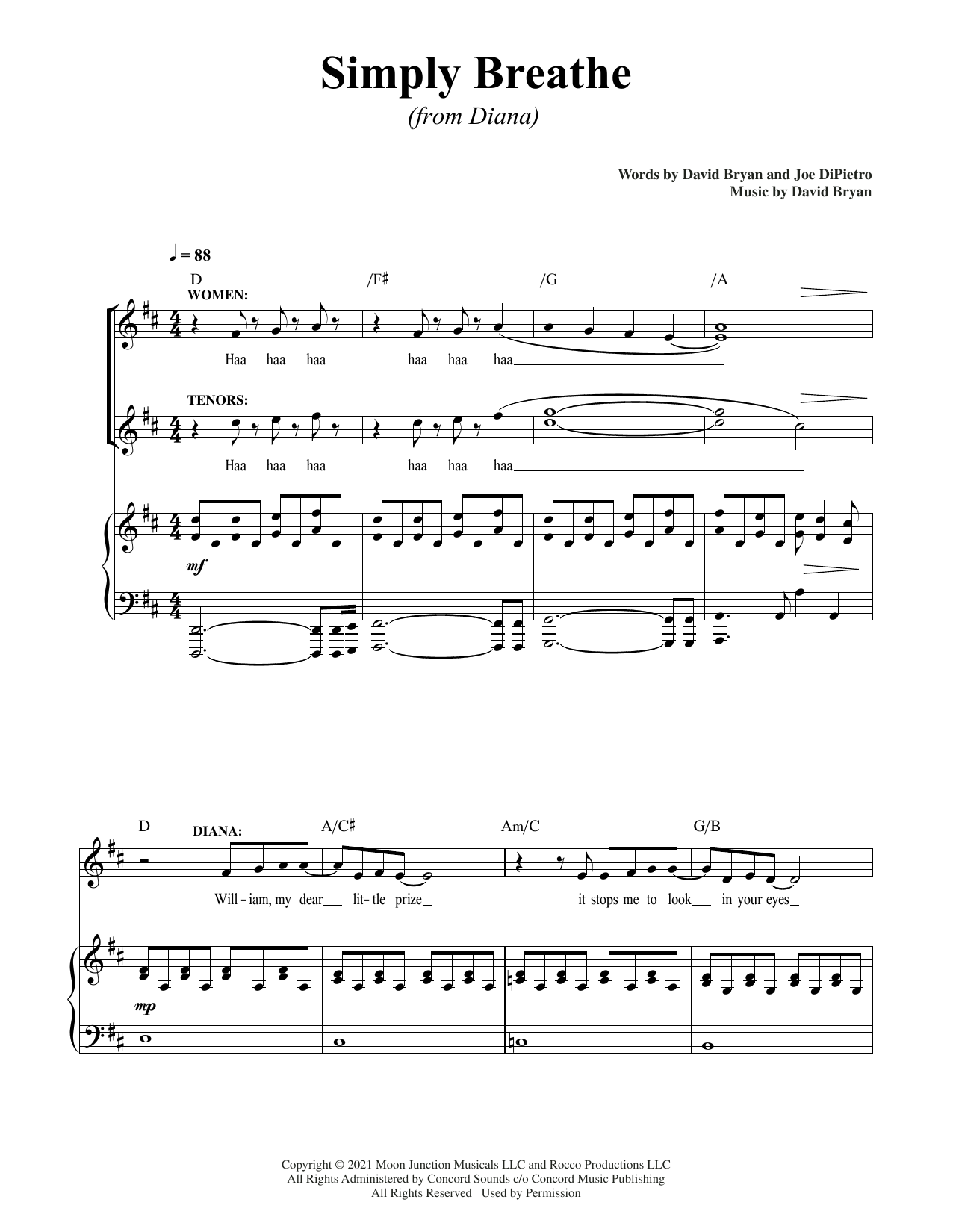 David Bryan & Joe DiPietro Simply Breathe (from Diana) sheet music notes and chords arranged for Piano & Vocal