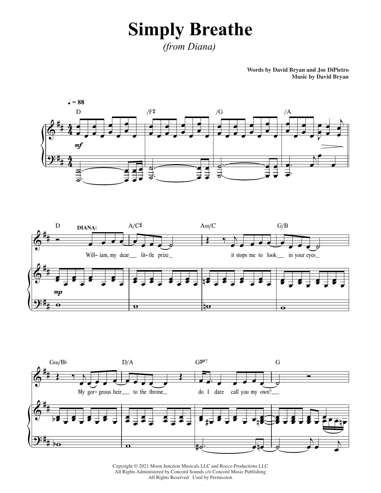 David Bryan & Joe DiPietro Simply Breathe (from Diana) sheet music notes and chords arranged for Piano & Vocal