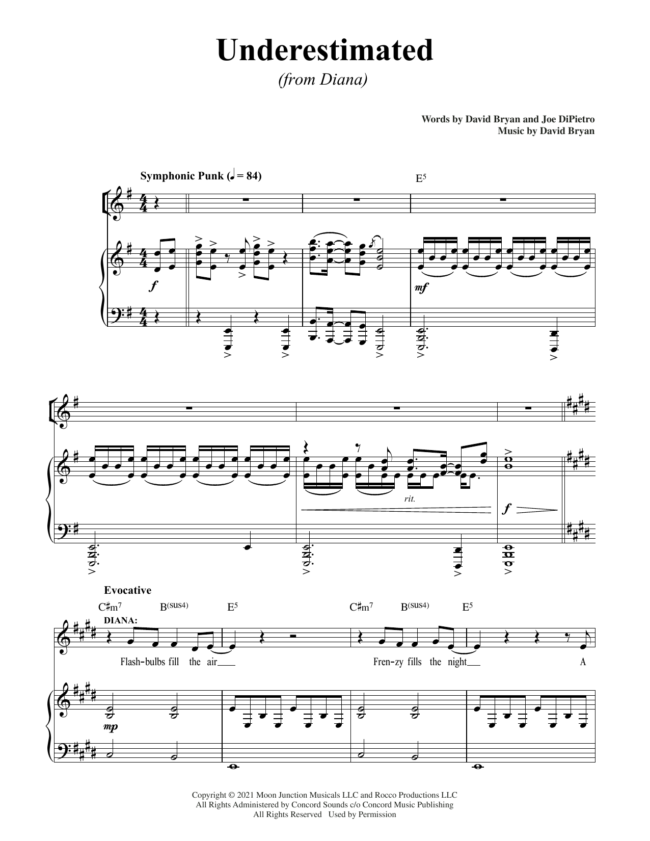 David Bryan & Joe DiPietro Underestimated (from Diana) sheet music notes and chords arranged for Piano & Vocal