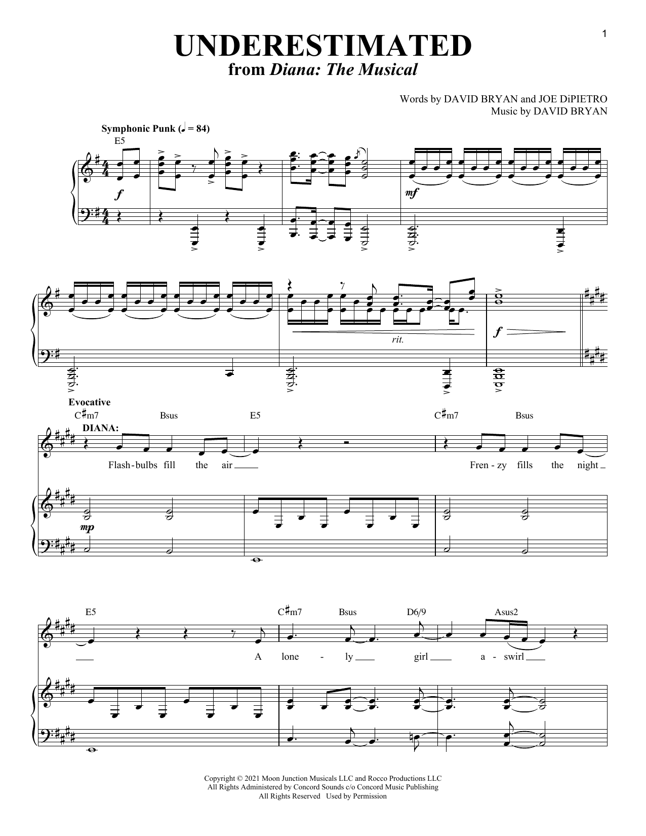 David Bryan & Joe DiPietro Underestimated (from Diana: The Musical) sheet music notes and chords arranged for Piano & Vocal