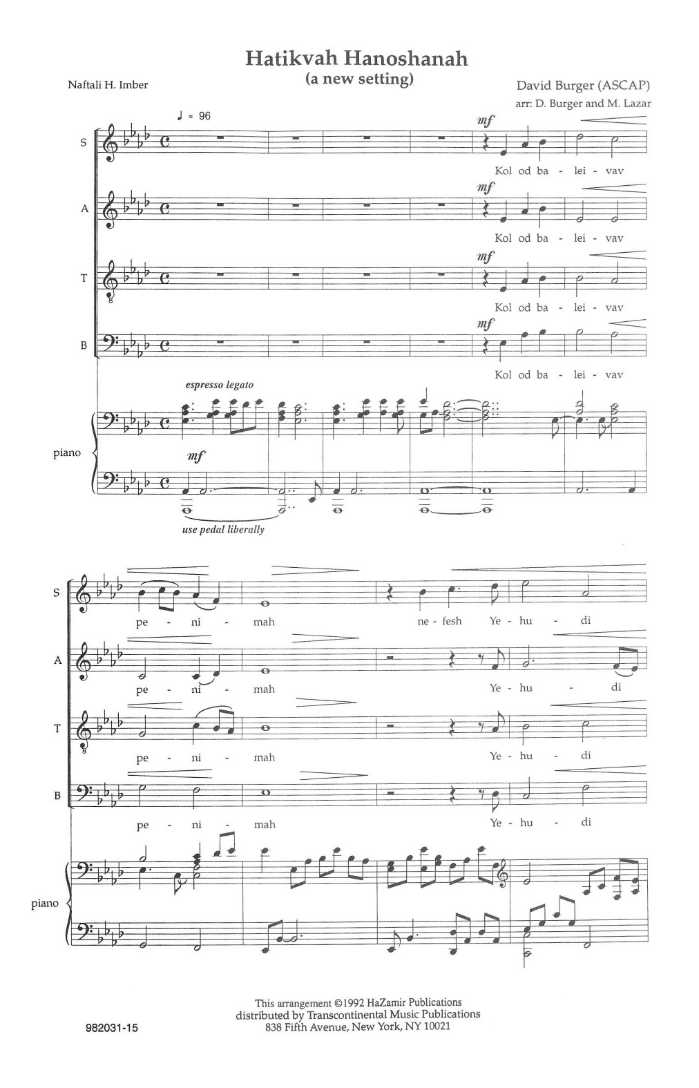 David Burger Hatikvah Hanoshanah sheet music notes and chords arranged for SATB Choir