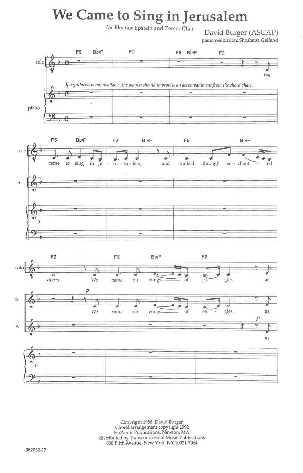 David Burger We Came To Sing In Jerusalem sheet music notes and chords arranged for SATB Choir