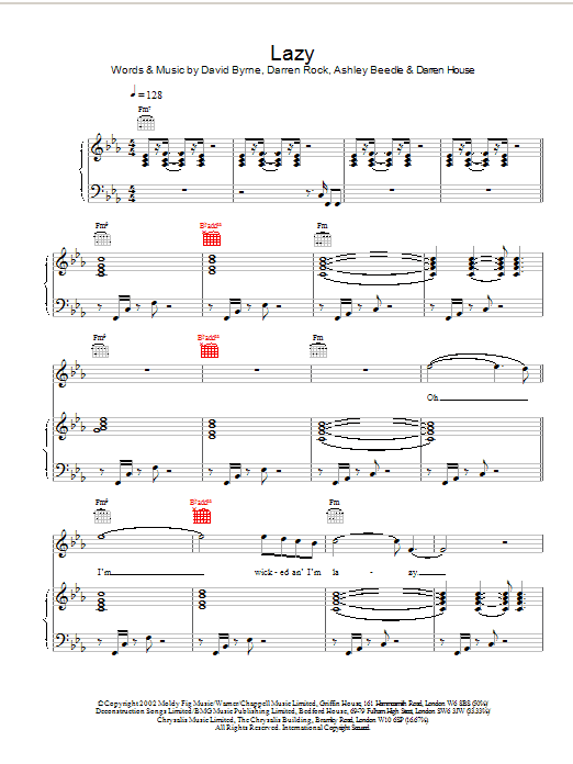 David Byrne Lazy sheet music notes and chords arranged for Piano, Vocal & Guitar Chords