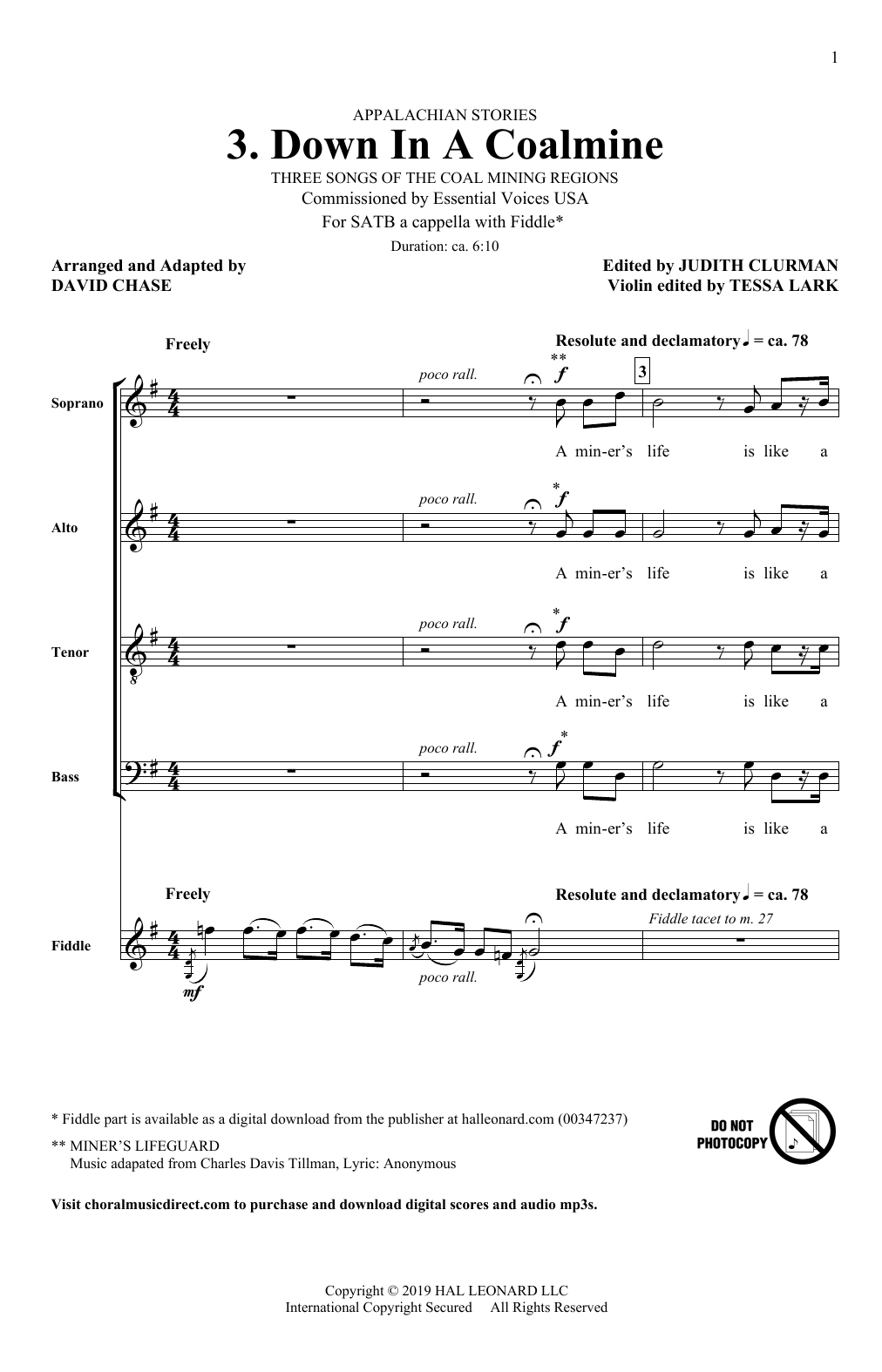 David Chase Down In A Coalmine (No. 3 from Appalachian Stories) sheet music notes and chords arranged for SATB Choir
