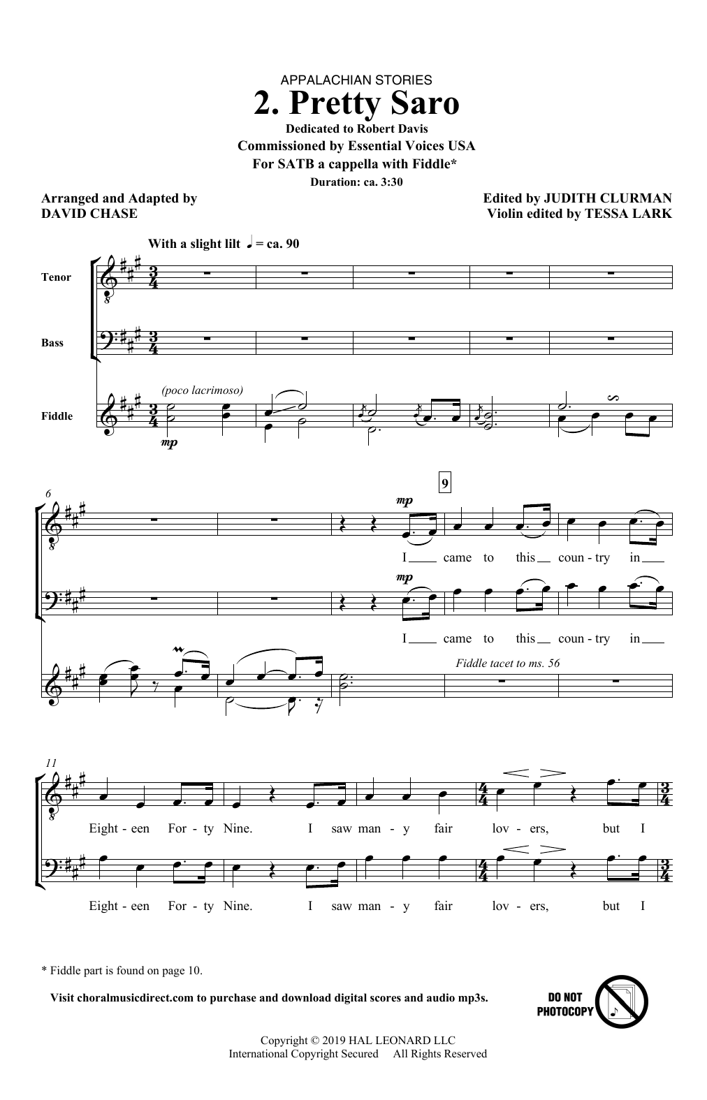 David Chase Pretty Saro (No. 2 from Appalachian Stories) sheet music notes and chords arranged for SATB Choir