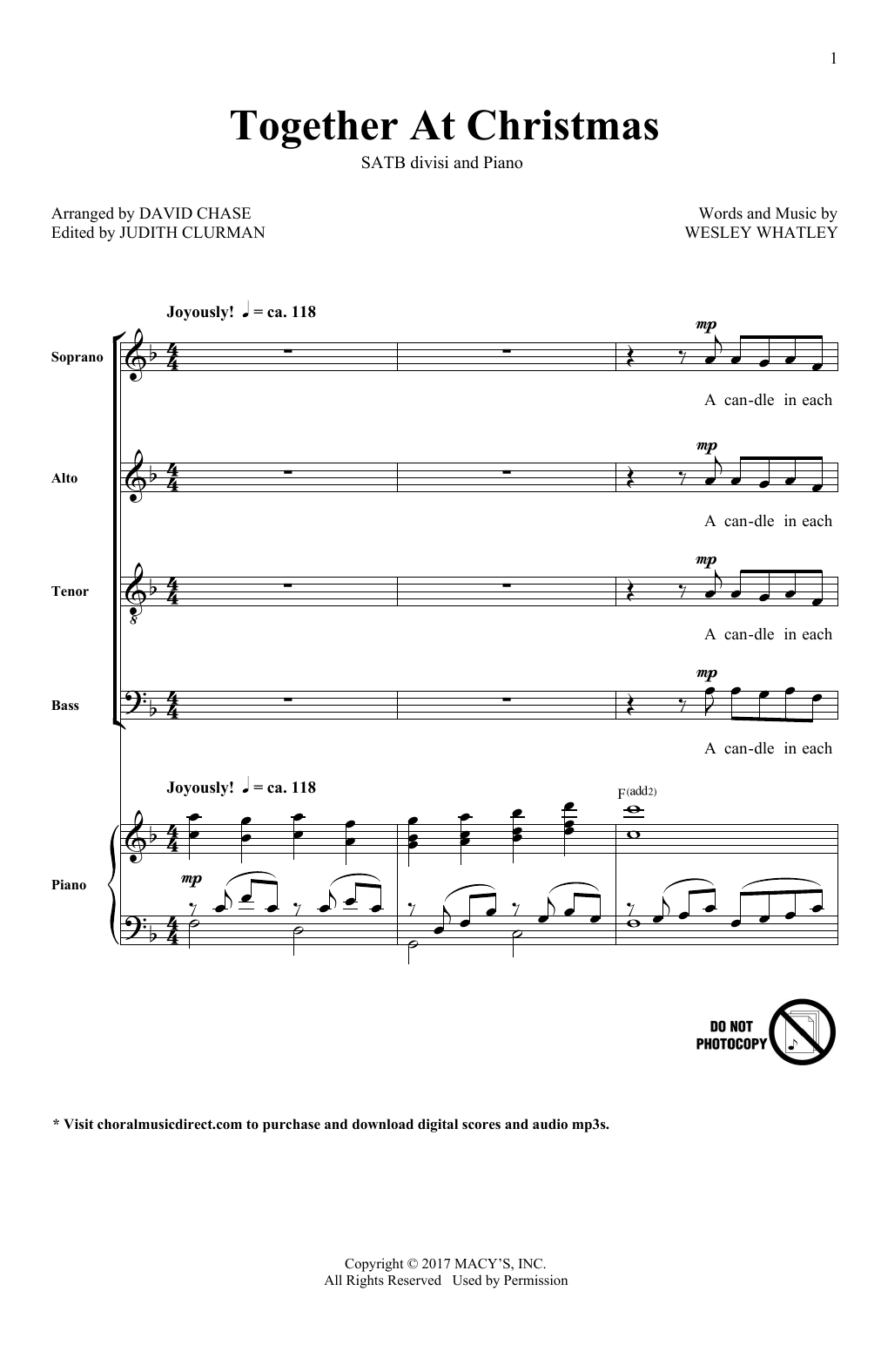 David Chase Together At Christmas sheet music notes and chords arranged for SATB Choir