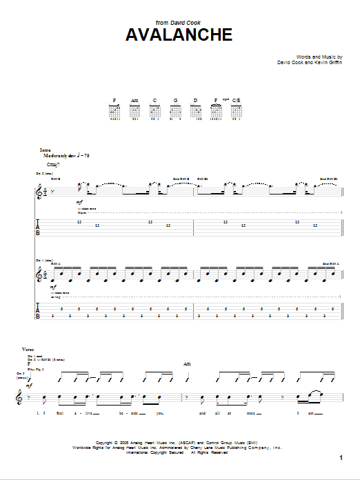 David Cook Avalanche sheet music notes and chords arranged for Guitar Tab