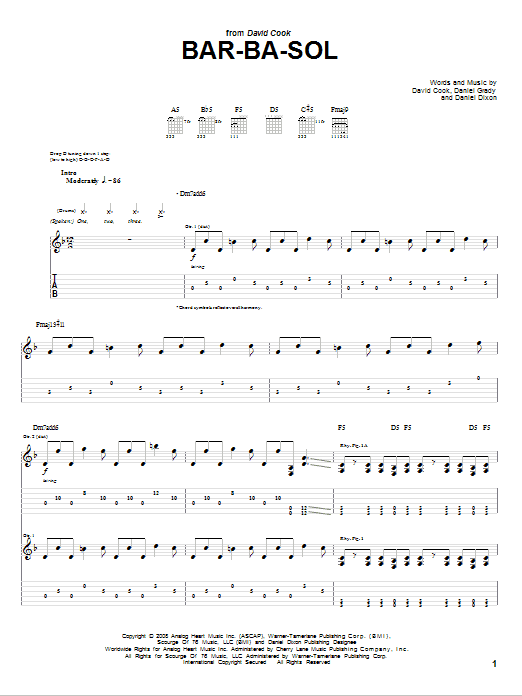 David Cook Bar-Ba-Sol sheet music notes and chords arranged for Guitar Tab