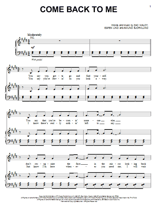 David Cook Come Back To Me sheet music notes and chords arranged for Piano, Vocal & Guitar Chords (Right-Hand Melody)