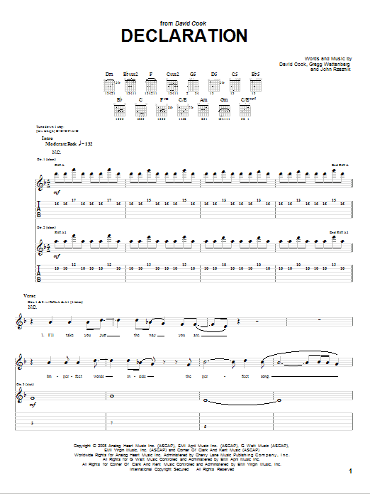 David Cook Declaration sheet music notes and chords arranged for Guitar Tab