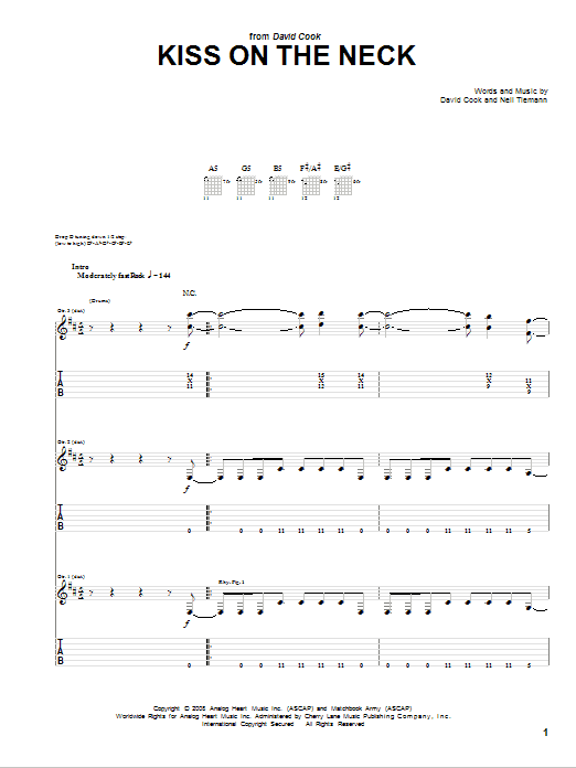 David Cook Kiss On The Neck sheet music notes and chords arranged for Guitar Tab