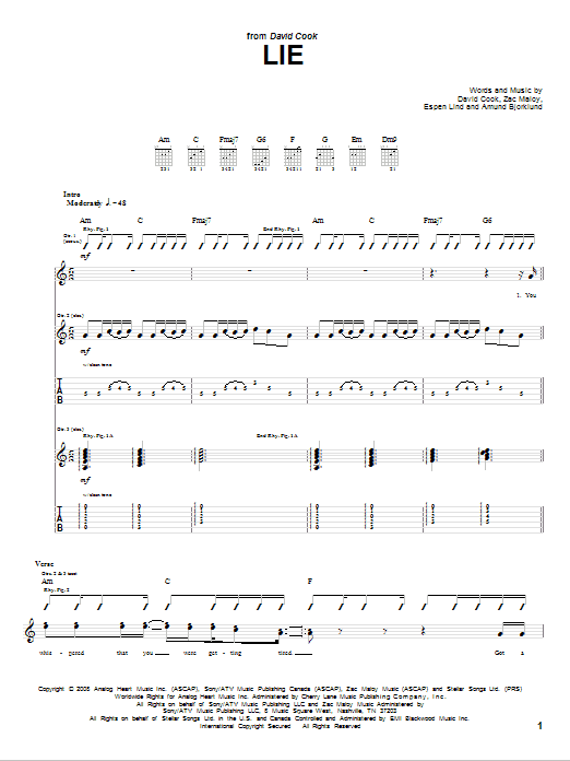 David Cook Lie sheet music notes and chords arranged for Guitar Tab