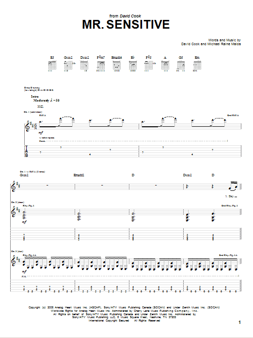 David Cook Mr. Sensitive sheet music notes and chords arranged for Guitar Tab