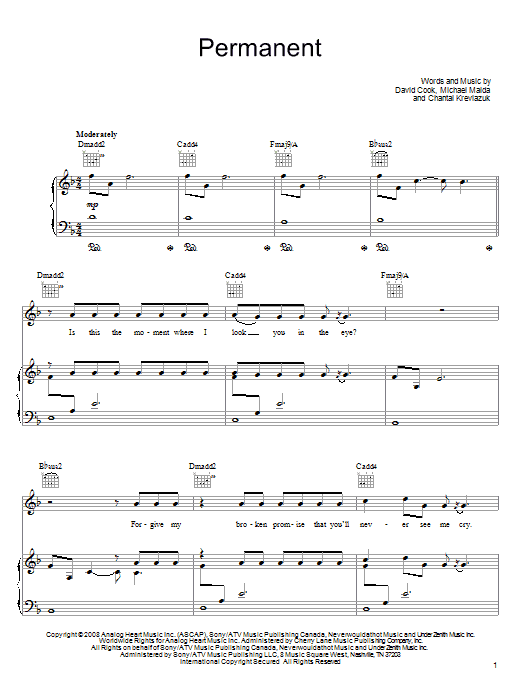 David Cook Permanent sheet music notes and chords arranged for Guitar Tab