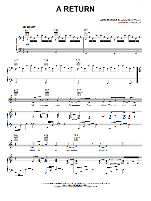 David Crowder Band A Return sheet music notes and chords arranged for Piano, Vocal & Guitar Chords (Right-Hand Melody)