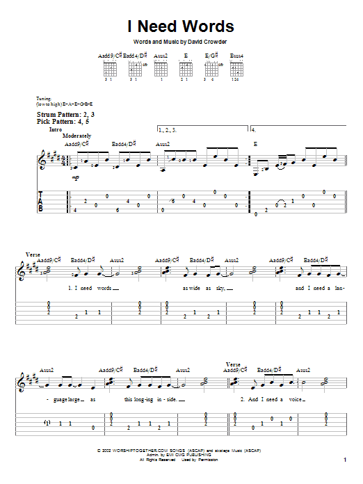David Crowder Band I Need Words sheet music notes and chords arranged for Easy Guitar Tab