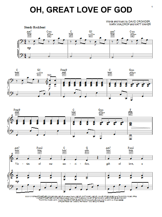 David Crowder Band Oh, Great Love Of God sheet music notes and chords arranged for Piano, Vocal & Guitar Chords (Right-Hand Melody)