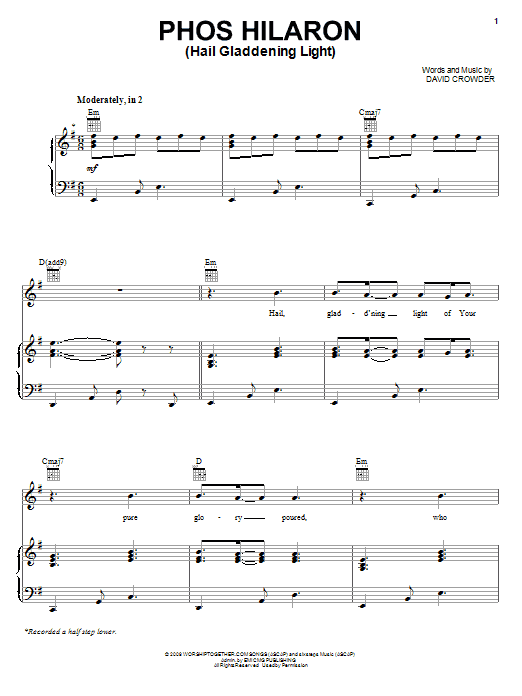 David Crowder Band Phos Hilaron (Hail Gladdening Light) sheet music notes and chords arranged for Piano, Vocal & Guitar Chords (Right-Hand Melody)