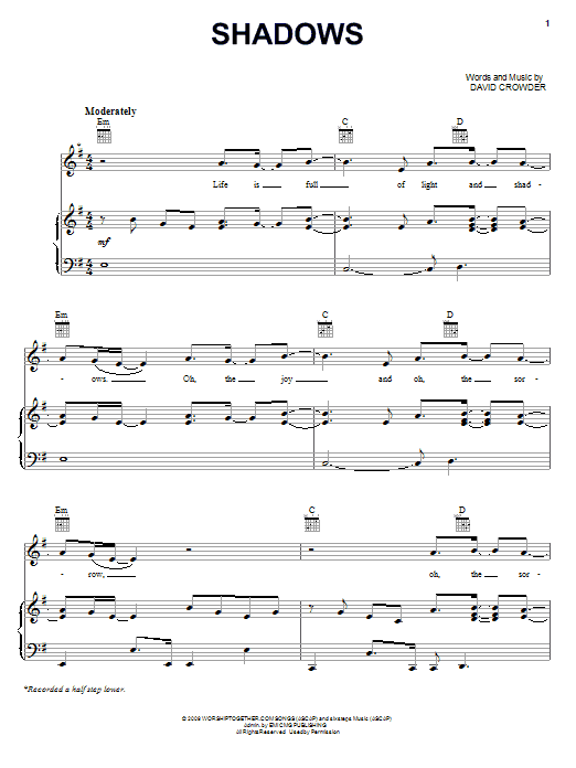David Crowder Band Shadows sheet music notes and chords arranged for Piano, Vocal & Guitar Chords (Right-Hand Melody)