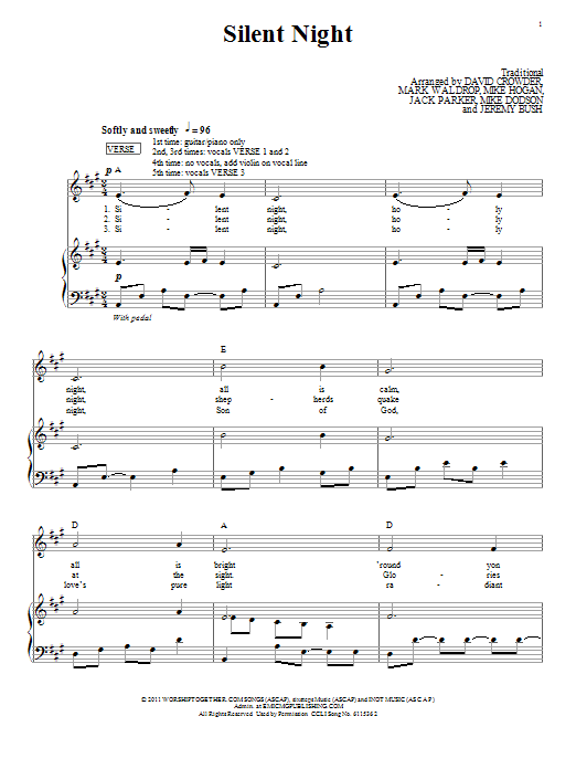 David Crowder Band Silent Night sheet music notes and chords arranged for Piano, Vocal & Guitar Chords (Right-Hand Melody)