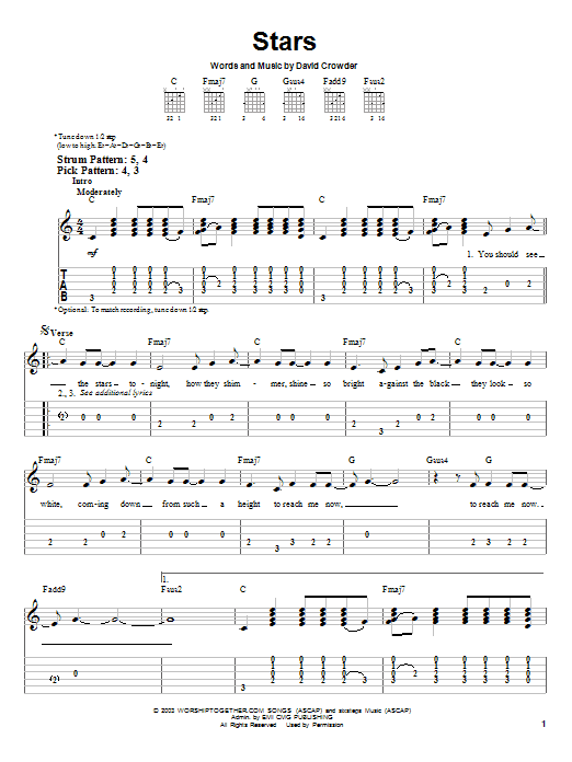 David Crowder Band Stars sheet music notes and chords arranged for Easy Guitar Tab
