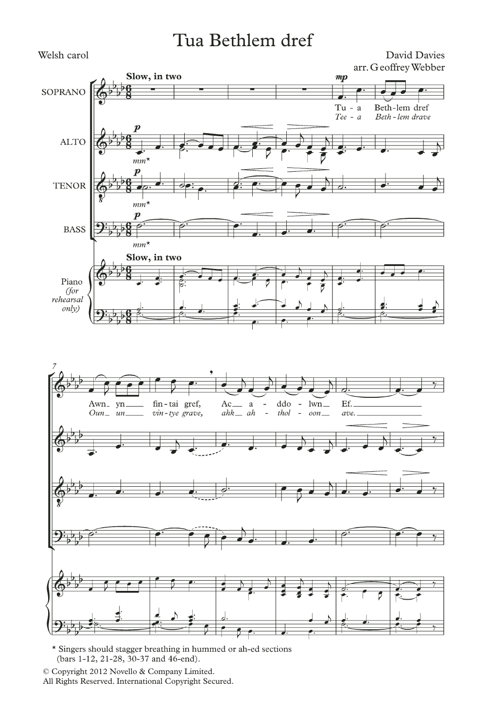David Davies Tua Bethlem Dref (arr. Geoffrey Webber) sheet music notes and chords arranged for SATB Choir