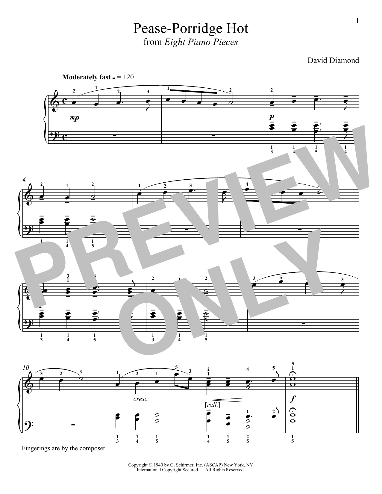 David Diamond Pease-Porridge Hot sheet music notes and chords arranged for Piano Solo