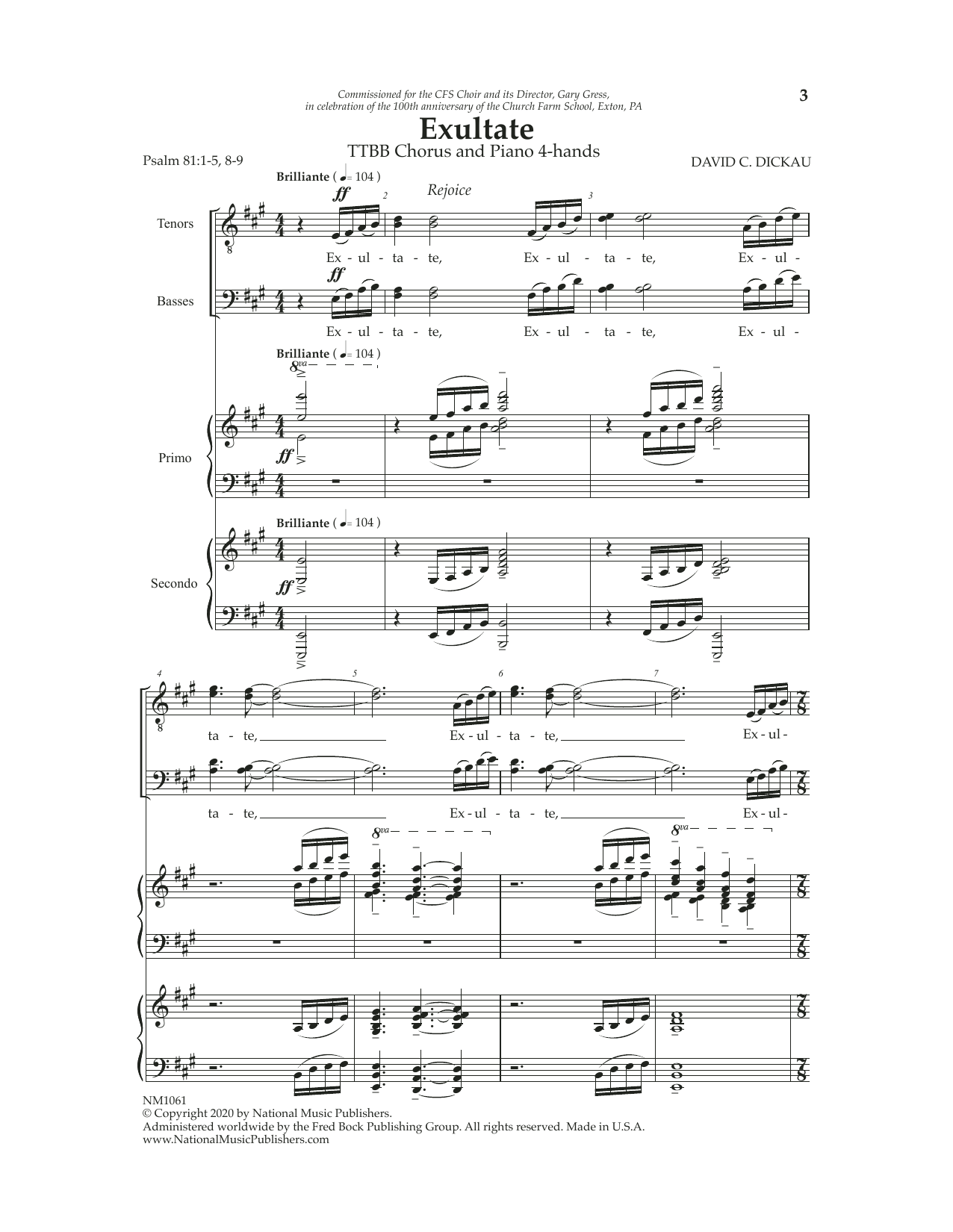 David Dickau Exultate sheet music notes and chords arranged for TTBB Choir