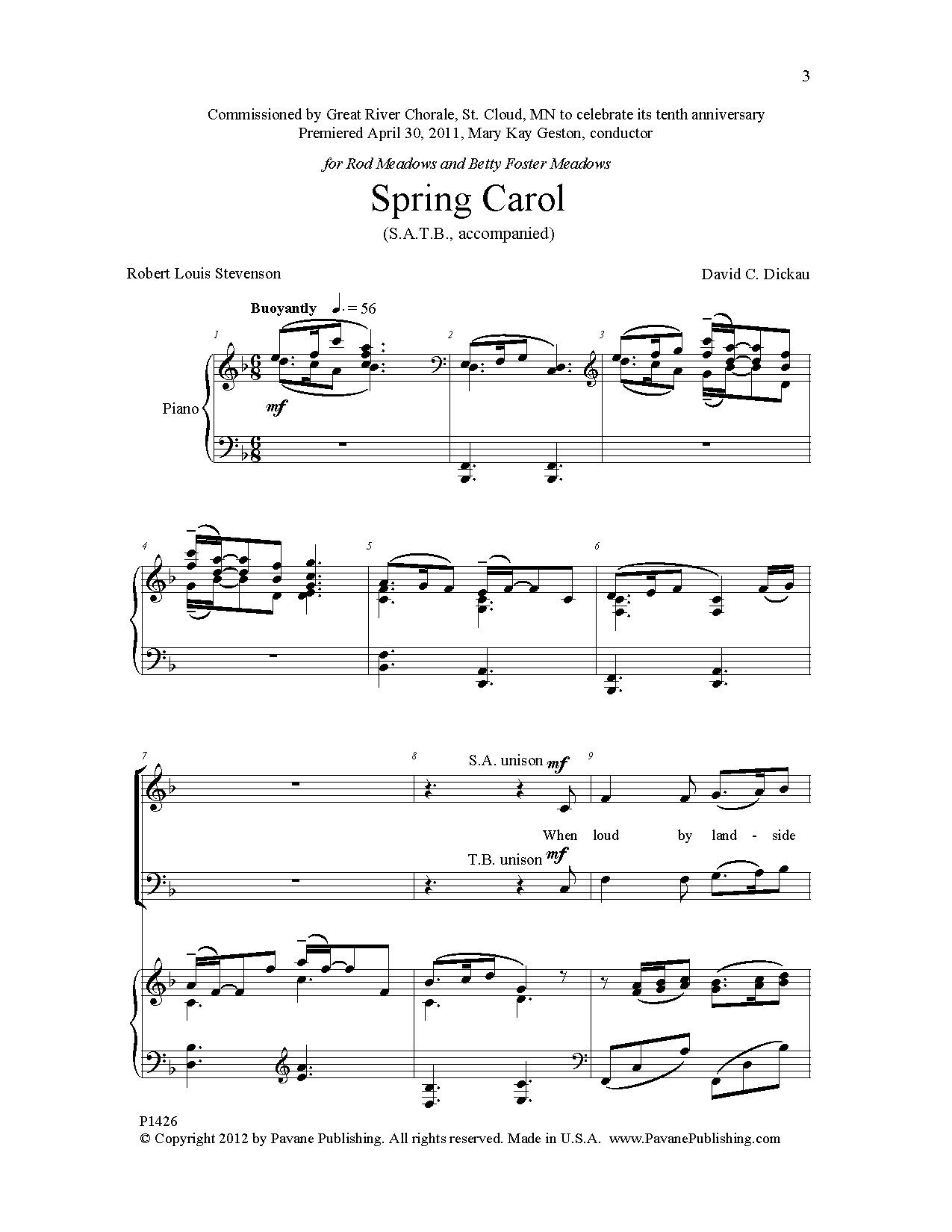 David Dickau Spring Carol sheet music notes and chords arranged for SATB Choir