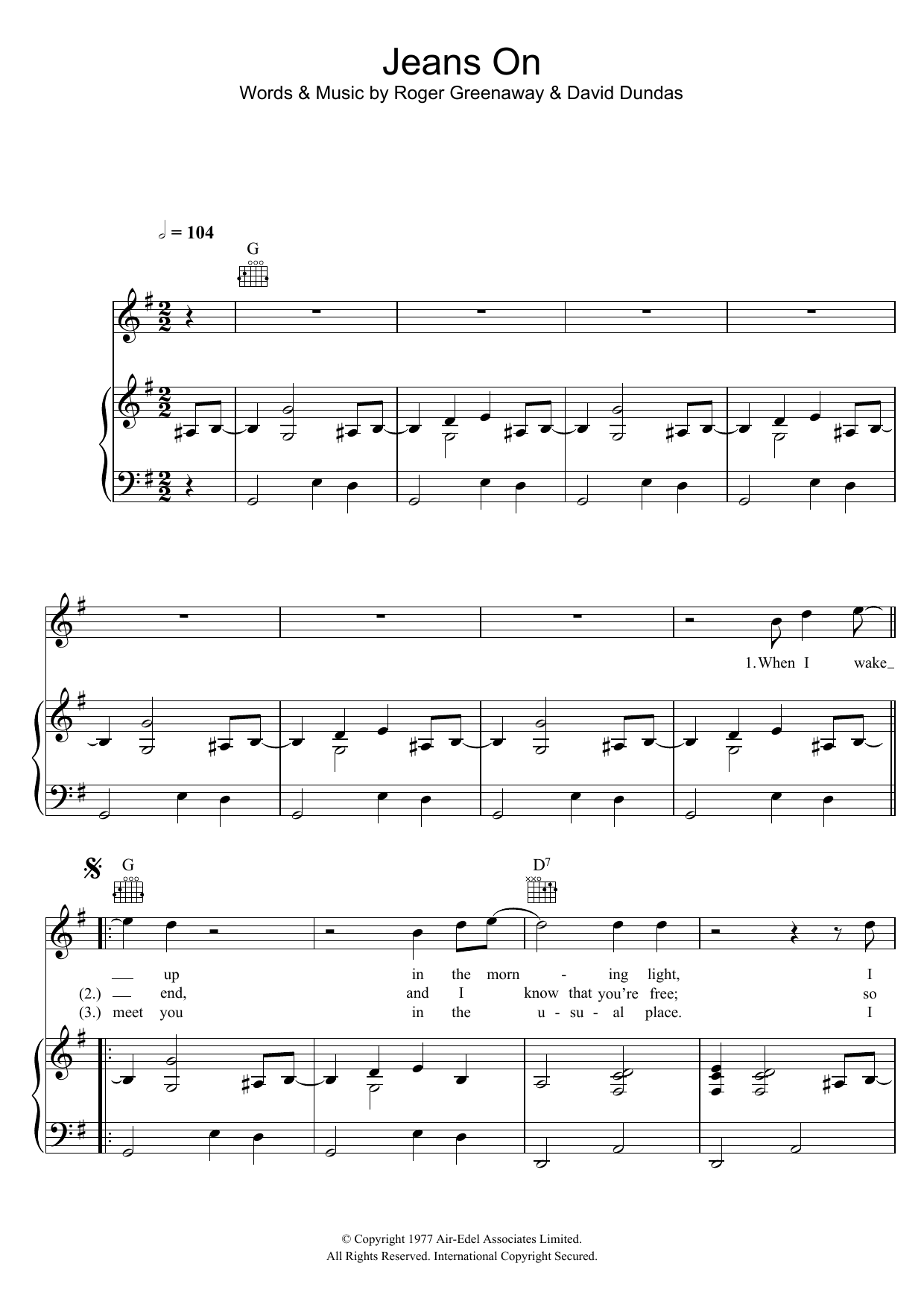 David Dundas Jeans On sheet music notes and chords arranged for Piano, Vocal & Guitar Chords