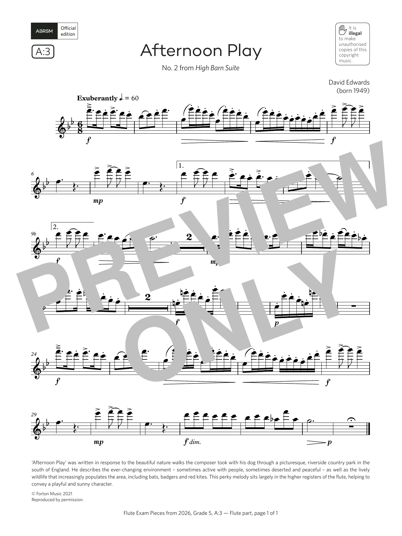 David Edwards Afternoon Play (Grade 5, list A3, from the ABRSM Flute Syllabus from 2026) sheet music notes and chords arranged for Flute Solo