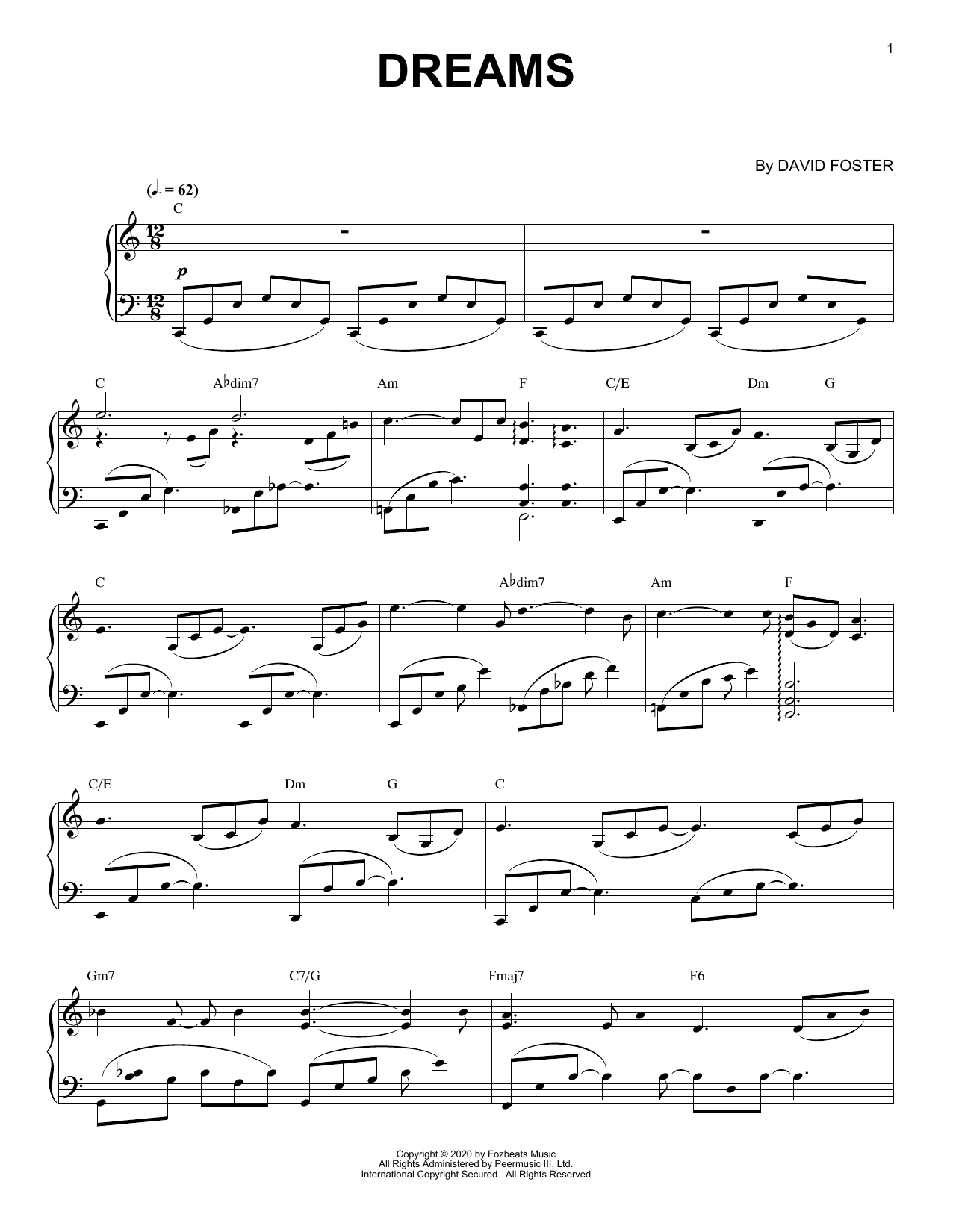 David Foster Dreams sheet music notes and chords arranged for Piano Solo