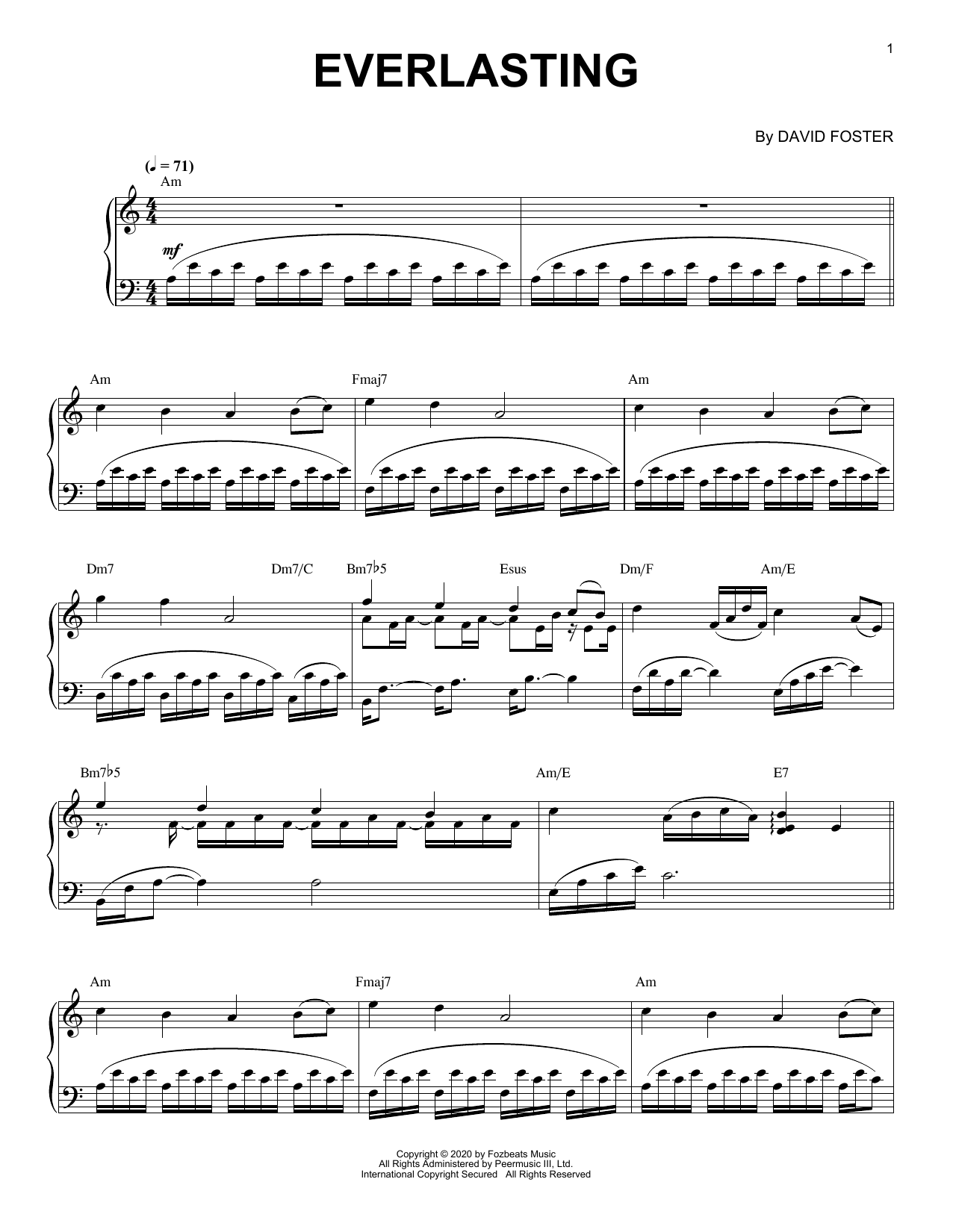 David Foster Everlasting sheet music notes and chords arranged for Piano Solo