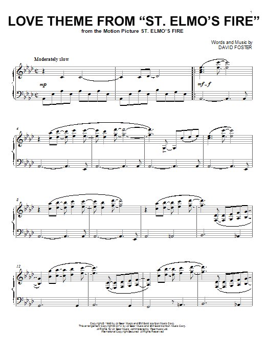 David Foster Love Theme From St. Elmo's Fire sheet music notes and chords arranged for Piano Solo
