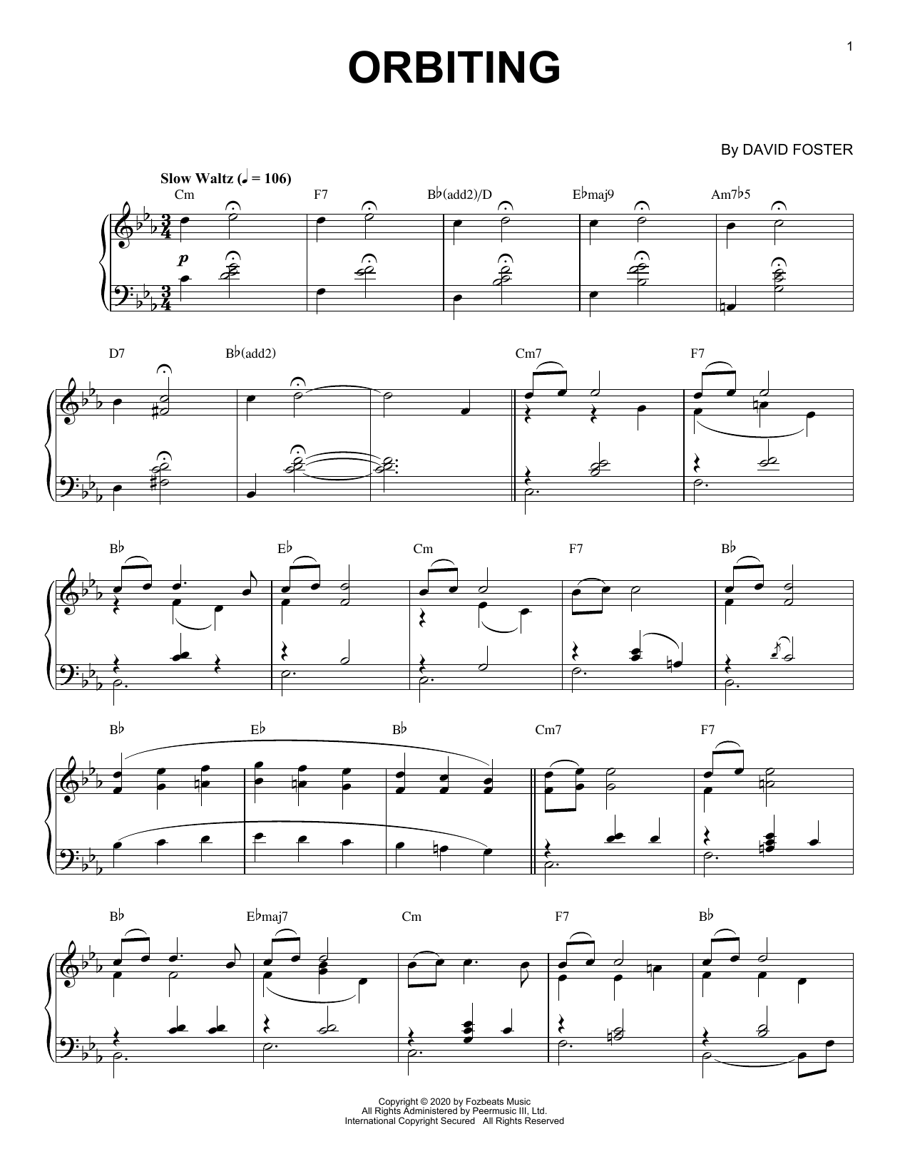 David Foster Orbiting sheet music notes and chords arranged for Piano Solo