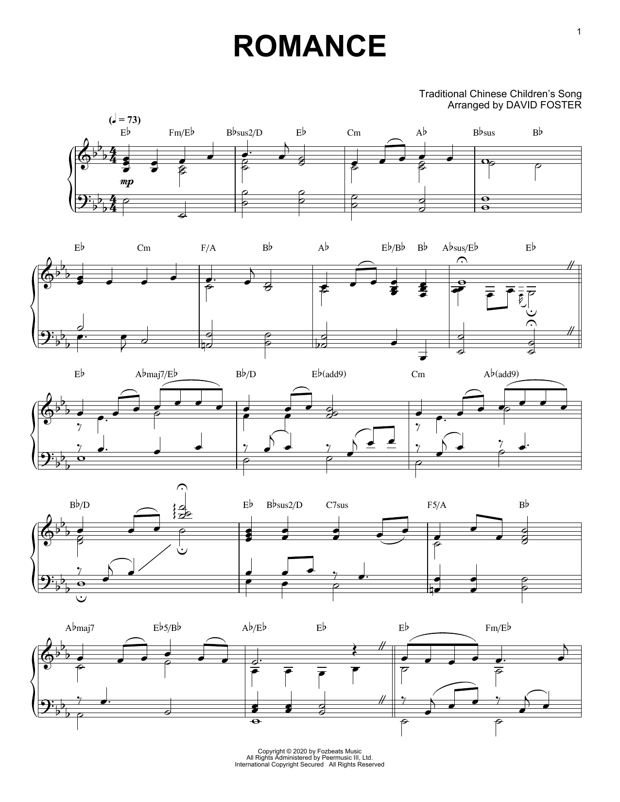 David Foster Romance sheet music notes and chords arranged for Piano Solo