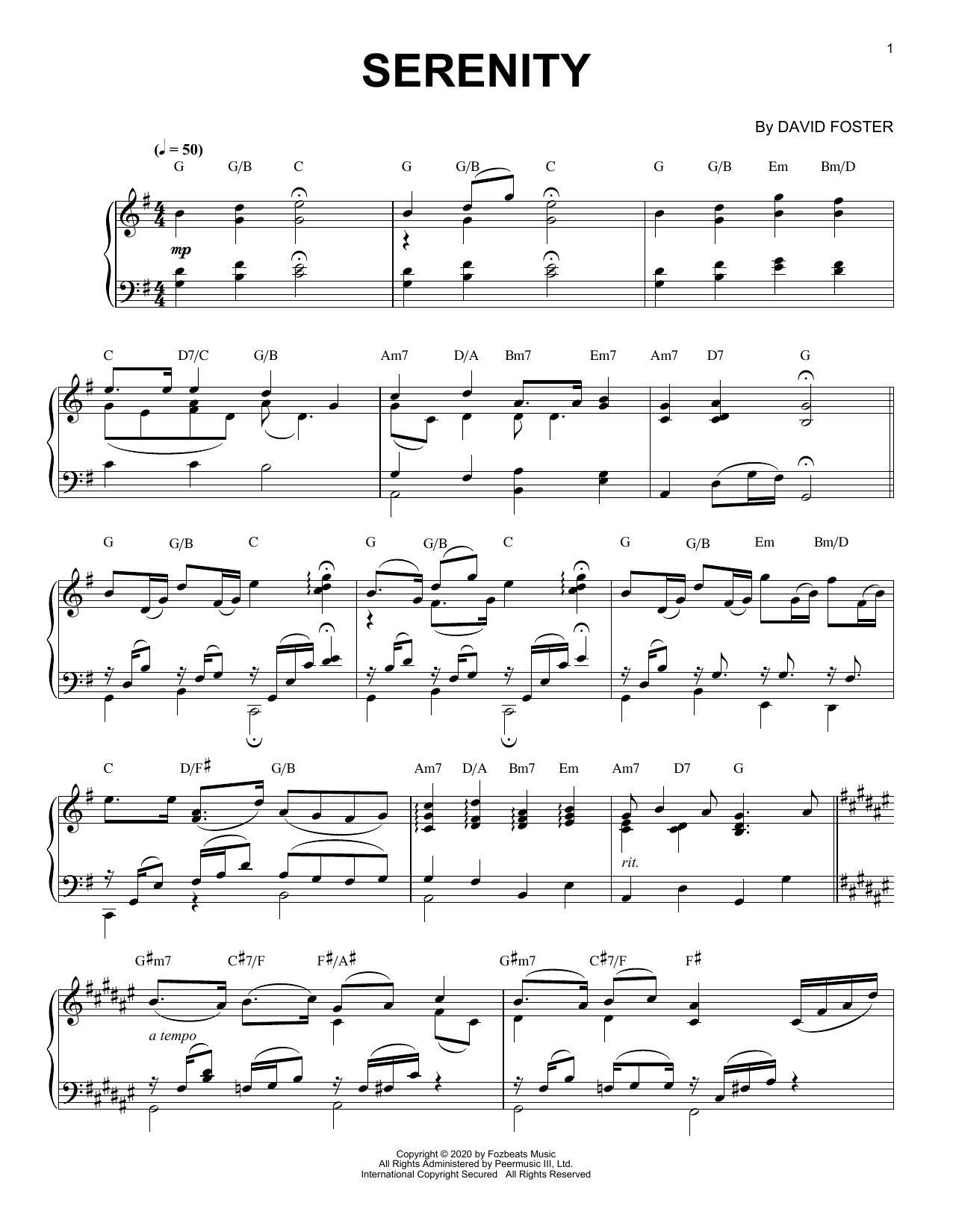 David Foster Serenity sheet music notes and chords arranged for Piano Solo