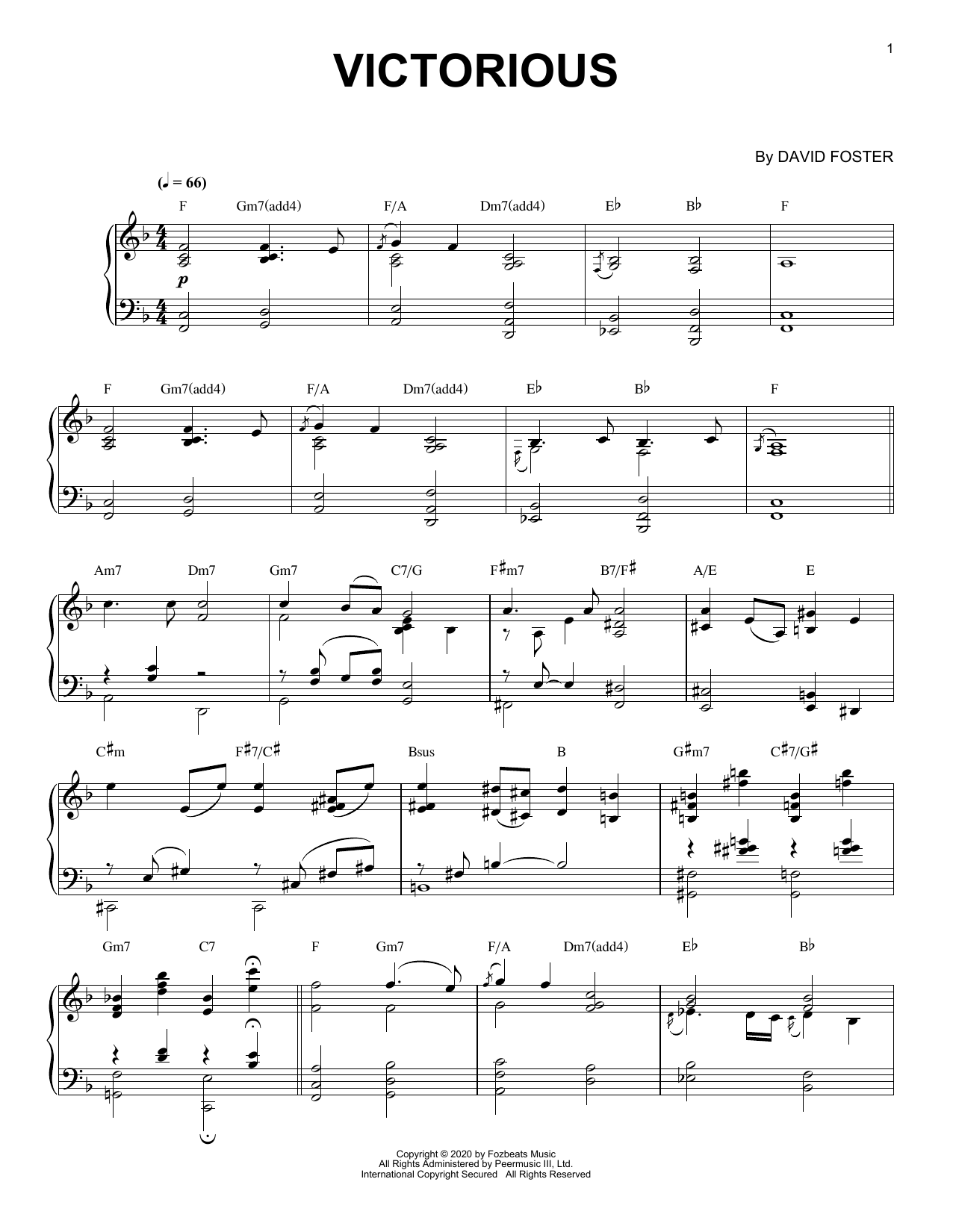 David Foster Victorious sheet music notes and chords arranged for Piano Solo