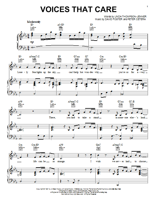David Foster Voices That Care sheet music notes and chords arranged for Piano, Vocal & Guitar Chords (Right-Hand Melody)